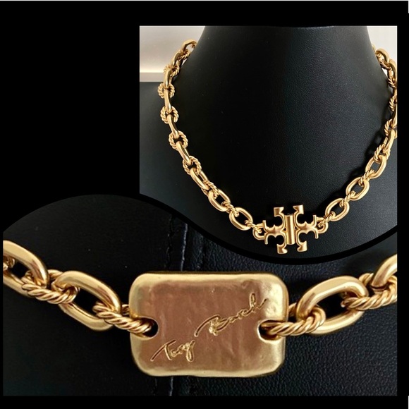 Tory Burch Authentic Torsade Vintage Brass Gold With T Logo Necklace - Picture 8 of 12